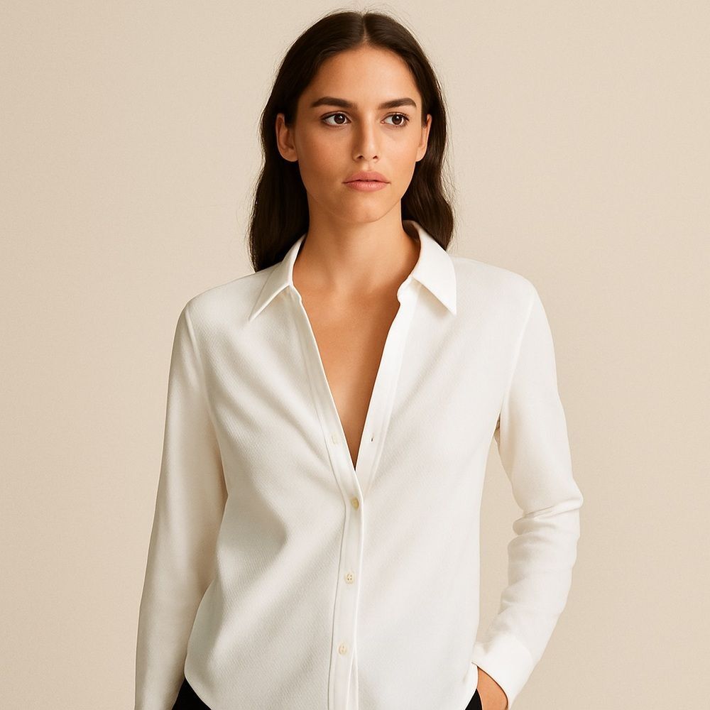 Massimo Dutti Classic White Textured 100% Cotton Button Front Down Shirt Sz 10